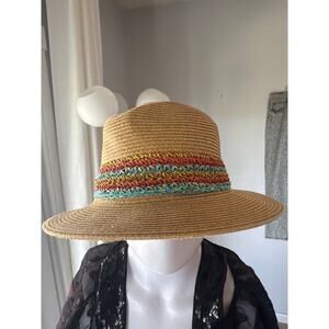 Scala Handmade Wide Brim Sun Hat Natural with Multicolor Band One Size